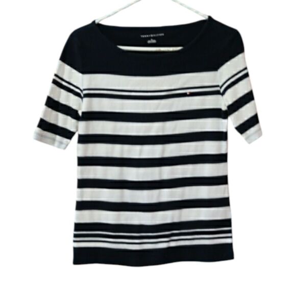 Tommy Hilfiger Striped Boat Neck Blouse Medium - Navy White Short Sleeve Top - Picture 1 of 8